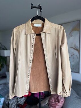 Charles Jourdan Beige Leather Stud-Trim Jacket